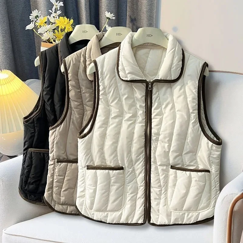 Down Cotton Vest Women2026new Autumn Winter Fashion Lapel Collar All-match Warm Sleeveless Waistcoat Ladies Female Tops