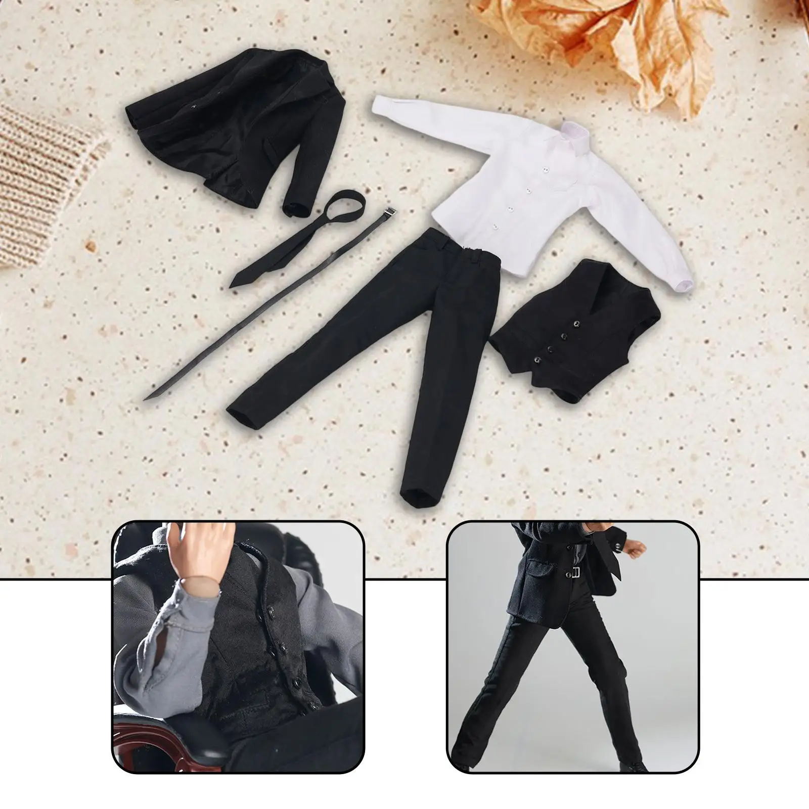 

Doll Miniature Coat Black White Fabric 1 6 Men Suit Full Outfit Set with Belt and Tie for 12in Male Action Figures Dressing Up