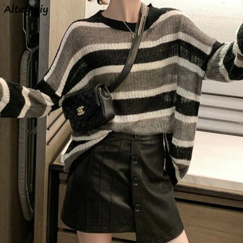 Pullover Women Patchwork Panelled All-match S-3XL Loose Fashion Leisure Knitted Korean Style BF Womens Sweaters Harajuku Ulzzang