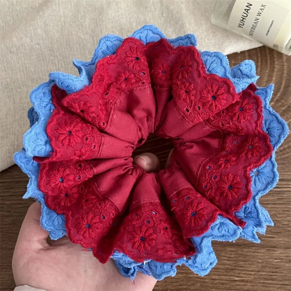 Flower Shape Lace Scrunchies Red Blue Oversize Embroidery Large Hair Scrunchies Hair Tie Cloth Exaggerated Hair Rope Daily