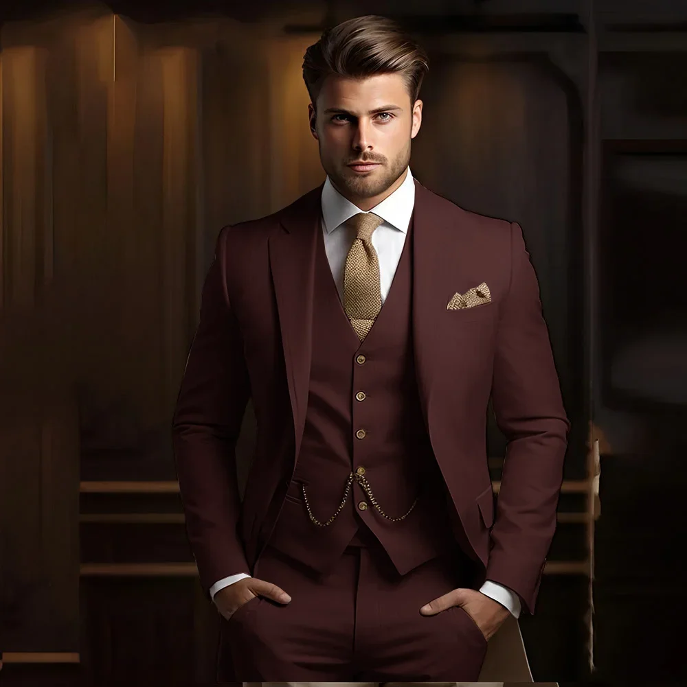 Formal Men\'s Suits for Groom 3 Pieces Khaki Wedding Groom Tuxedo Slim Fit 2025 Male Fashion Suit Jacket with Pants Vest