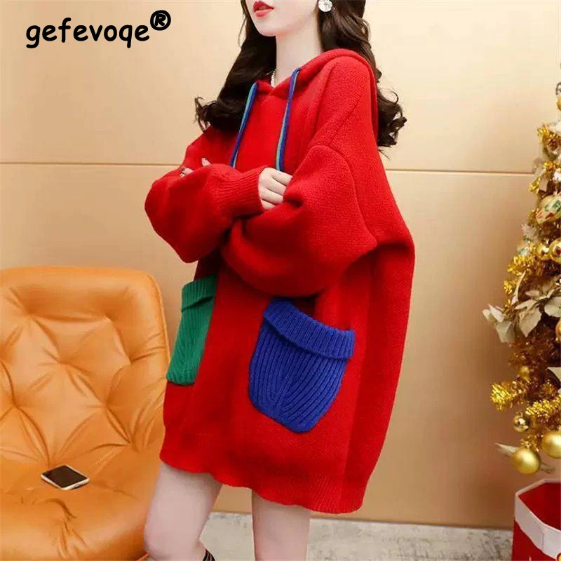 

Женский контрастный цветной цветочный патч, милый толстый вязаный свитер с капюшоном, осень-зима, повседневная уличная одежда, пуловер большого размера, топы