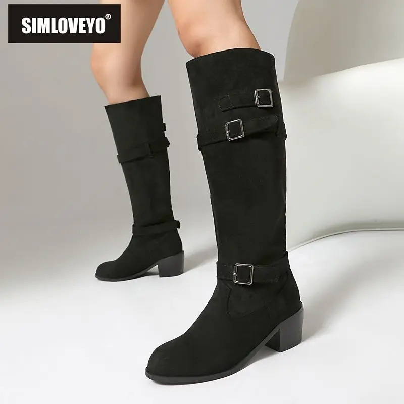 

SIMLOVEYO2025 Винтажная женская обувь до колена с круглым носком на блочном каблуке 6 см, без шнуровки с поясом, большой размер 41 43, 44 45, повседневная повседневная обувь Bota