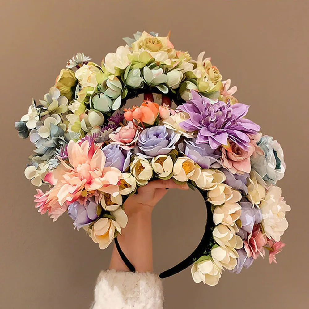 Multi-layer Colorful Flower Head Hoop Wedding Party Costume Bride Headwear Simulation Flowers Headband Fashion Hair Accessories