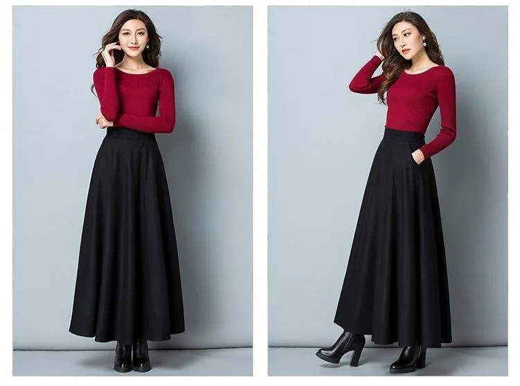 Autumn Winter Black Gray Large Size Woolen Long Skirt Women Fashion Korean Ladies Red High Waist Festival Pleated A-line Skirts