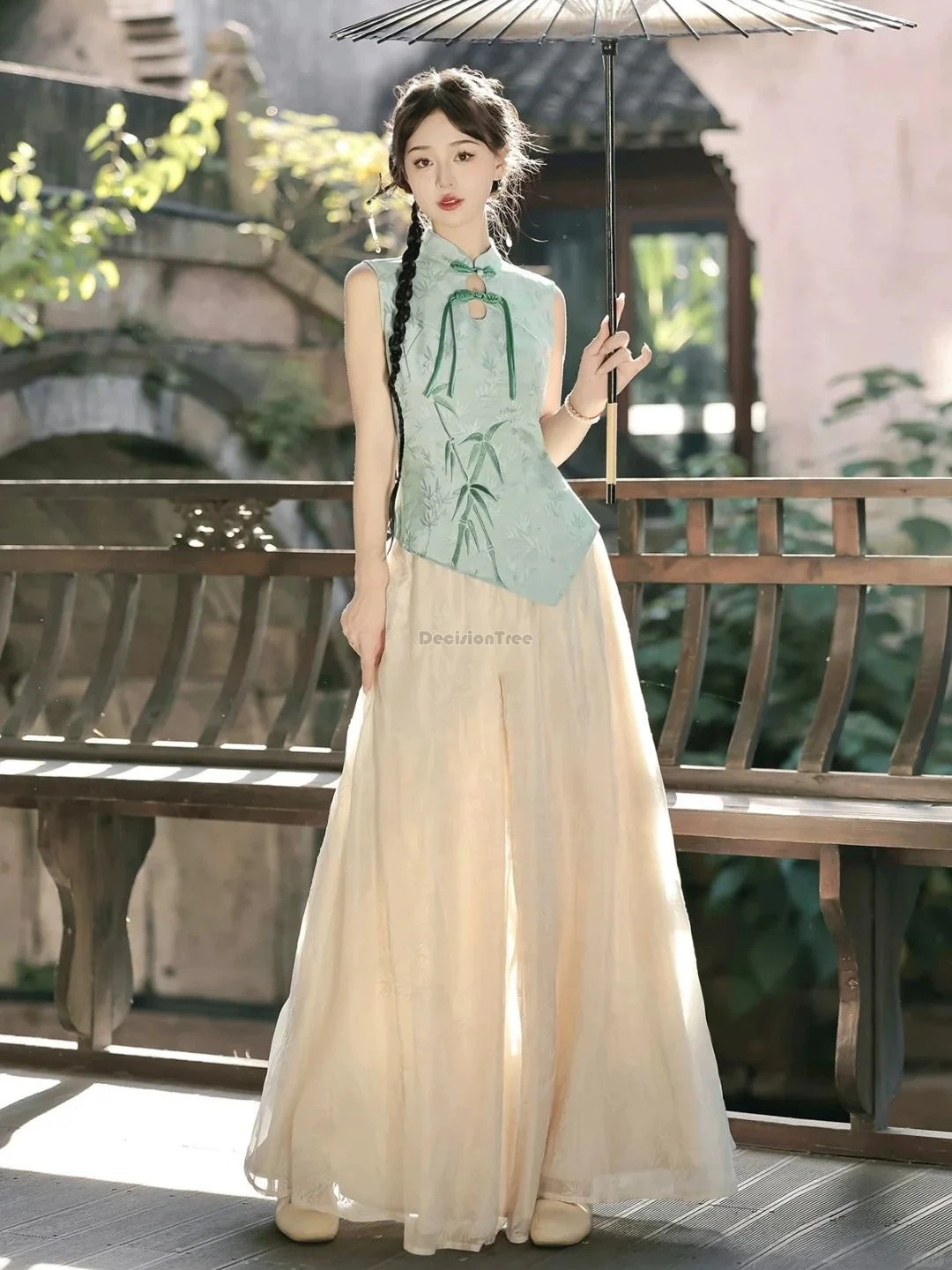 2025 نمط صيني جديد محسّن شيونغسام زر بلا أكمام بنطال فضفاض على الطراز الوطني 2 قطعة طقم بدلة تانغ أنيقة على الموضة #3