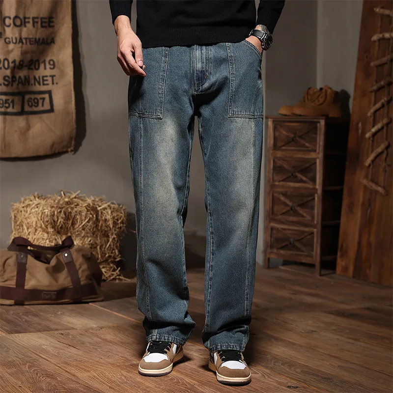 Trendy Straight Leg Plus Size Jeans Men's Loose Fit Big And Tall Casual Denim Pants