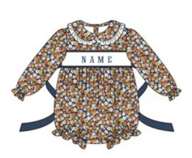 Ropa Girl And Baby Boy New Cotton Customizable Name Styles Presale Models Navy Blue Lattice Romper Sets Floral Clothes With Bow