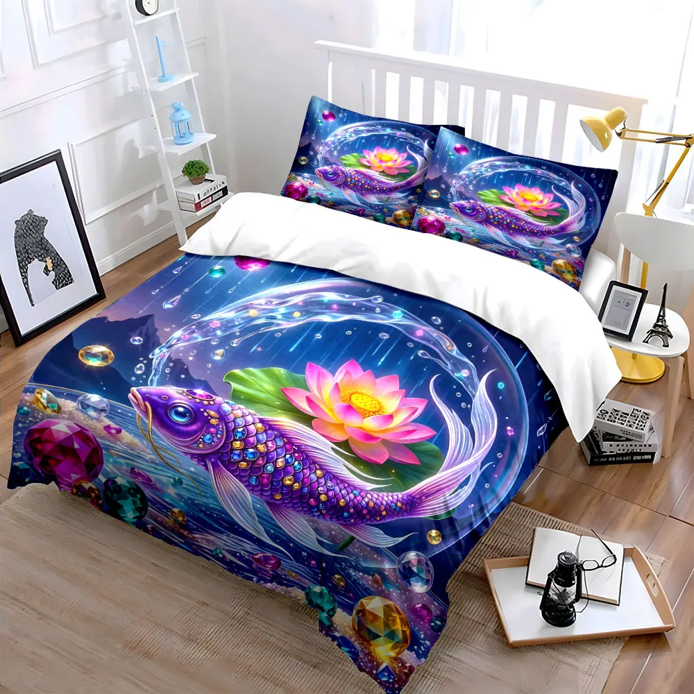 Crystal Jewel Koi with Lotus Duvet Cover Set with 3D Printing Design Soft Polyester Bedding Set All-Season Comfort for gifts