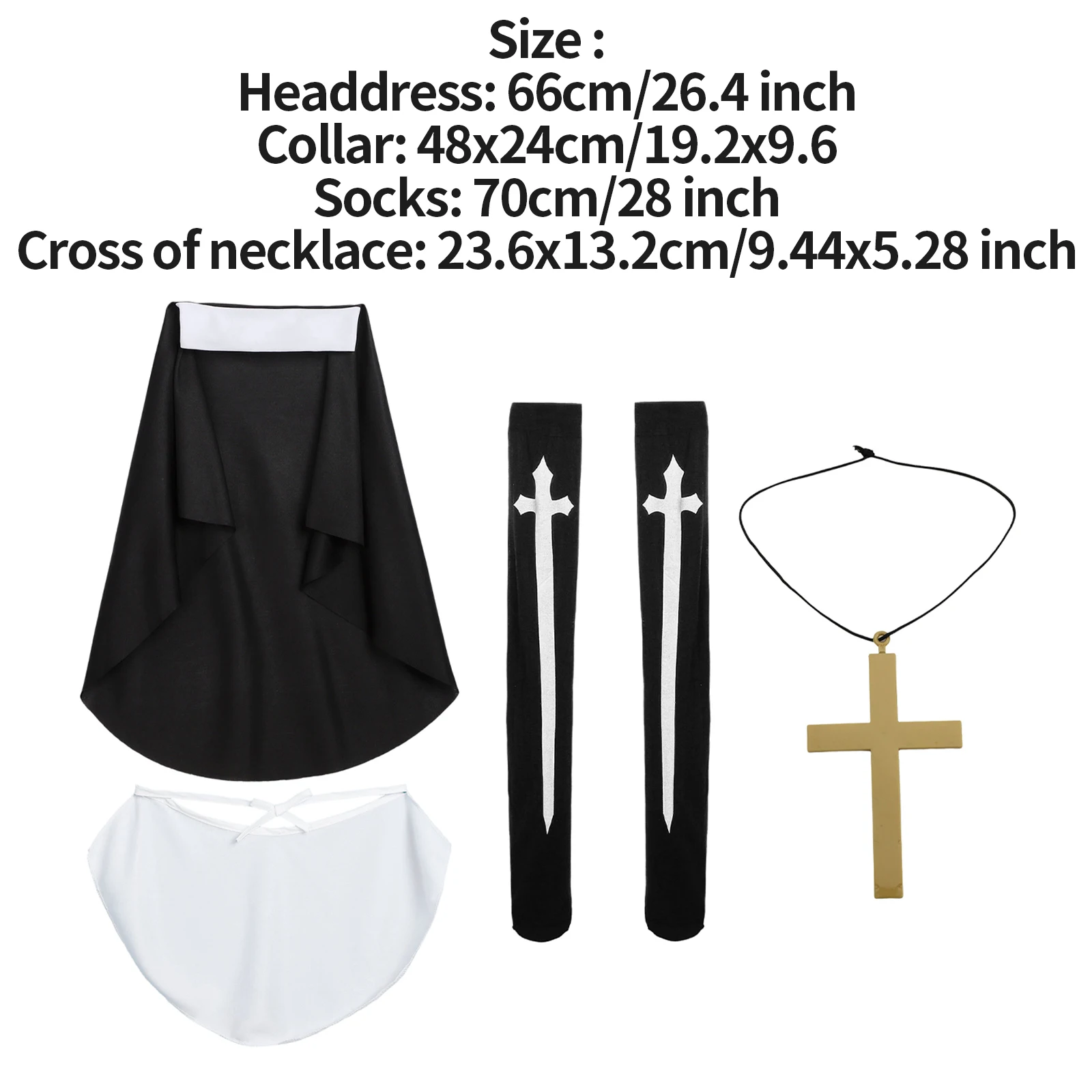 Womens Halloween Nun Costumes Priest Sister Cosplay Props Nuns Headdress Collar Cross Necklace Gloves High Socks Party Clubwear