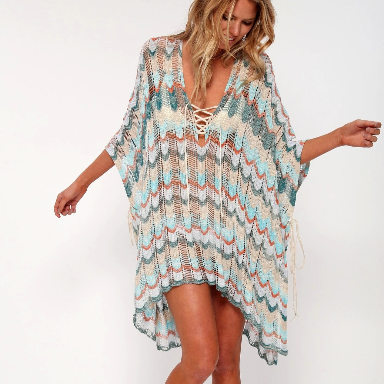 Cotton Crochet Tunic Mini Dresses Women Cover Up Bikini Sexy Hollow Out Deep V Neck Lace-Up Summer Vestidos Boho Beach Robe