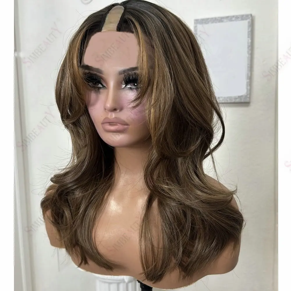 Glueless 100% Remy Mongolian Human Hair Slightly Curly Ombre Cool Brown 1x4 Size V Part Wigs for Black Women U Part Opening Wigs