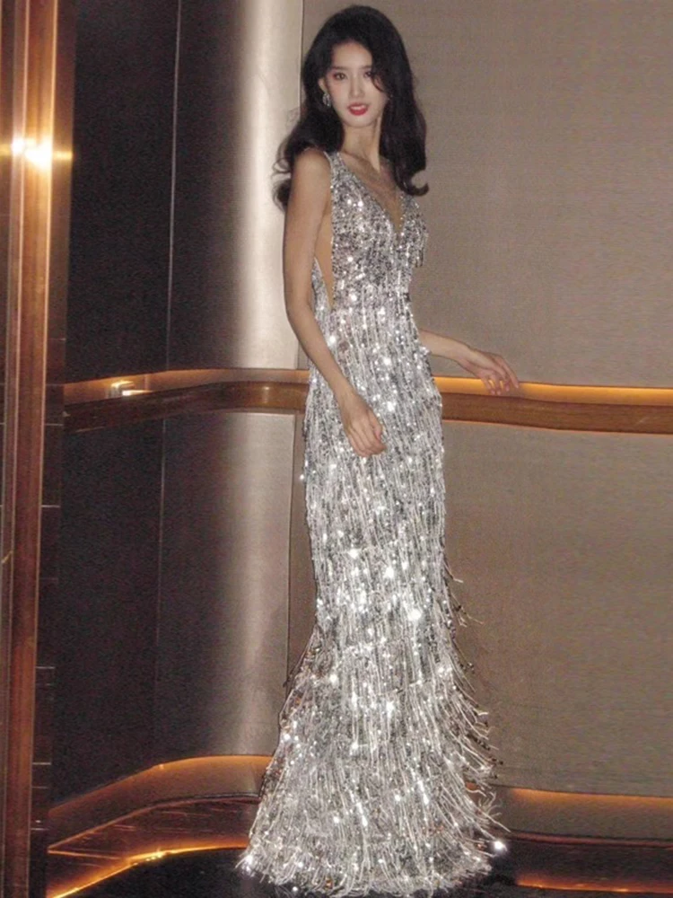 

Silver Evening Gown Women's New 2024 High-End Feel Banquet Host Glitter Long Dr Luxury Small ence High-End Faion