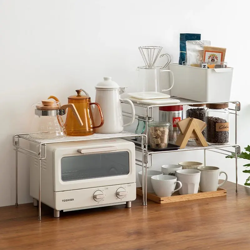 

304 Stainless Steel Stackable Racks Kitchen Countertop Organizer Cabinet Shelves Microwave Oven Storage Pantry Spice Dish Holder