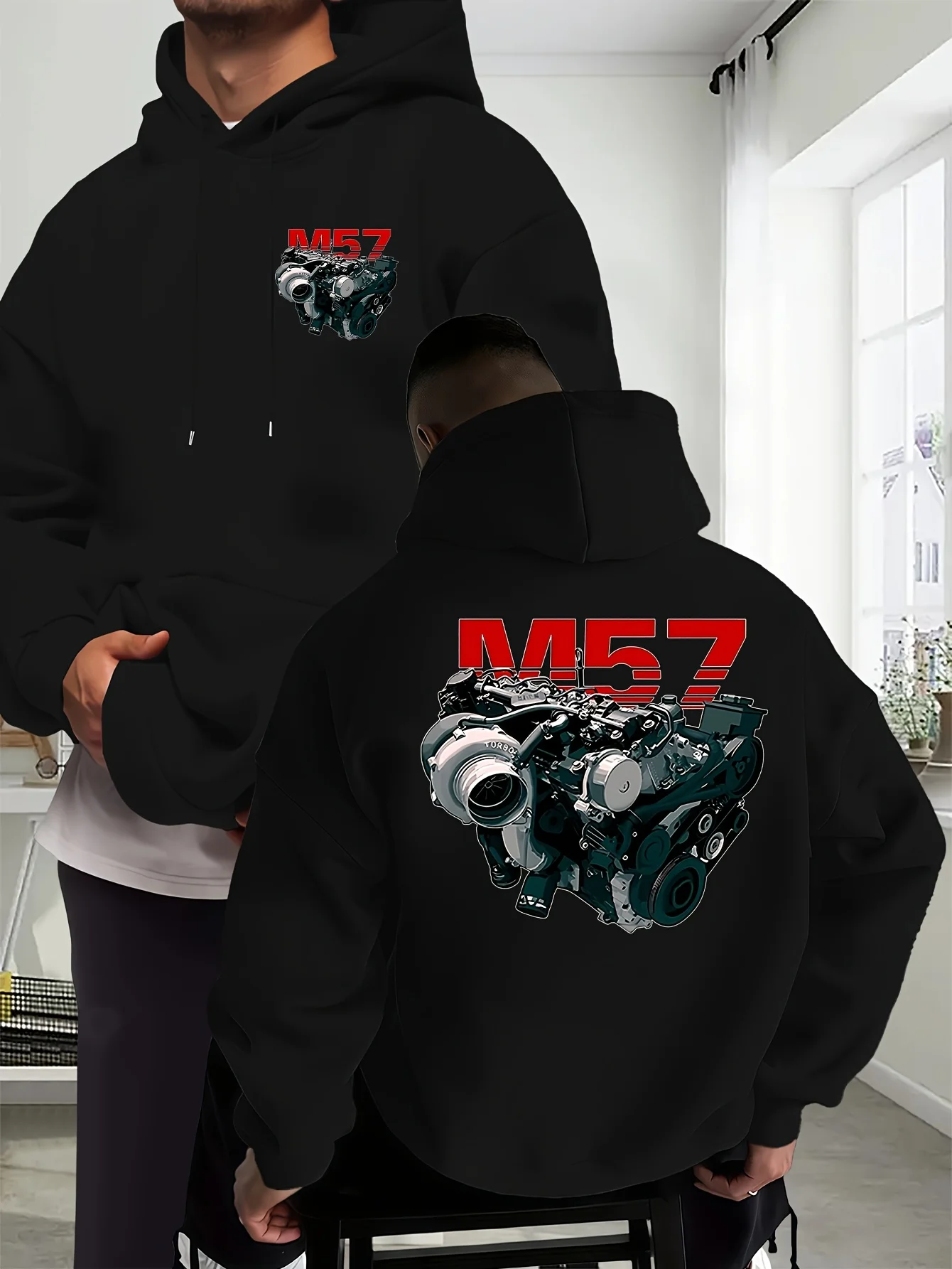 2026 Automotive Engine Graphic Hooded Sweatshirt Men Women Double‑Sided Mechanic Theme Loose Streetwear Pullover