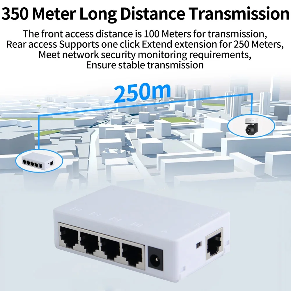 Huitenda-Prolongateur de commutateur réseau, 4 ports, 100Mbps, 1 entrée, 4 sorties, 250 mètres, répéteur, stéréo IEEESterilial, 3PG/at pour commutateur PoE, caméra IP NVR