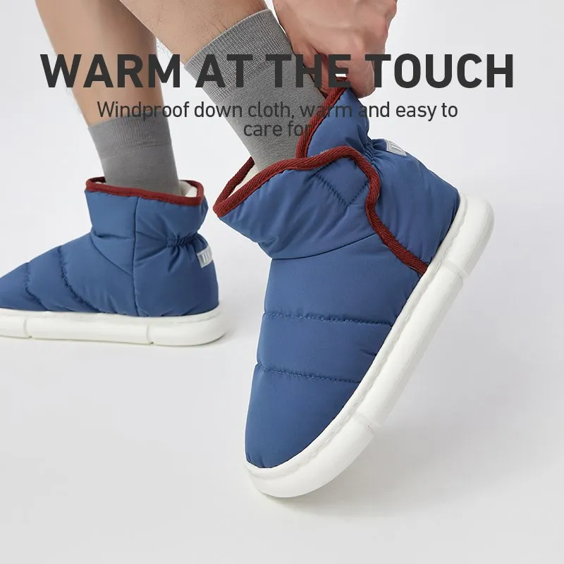 

UTUNE Women Winter Down Cloth Shoes Warm Anti-slip Slippers Boots Men Outside Indoor Hoop-loop Plush Macaron Color House Couple