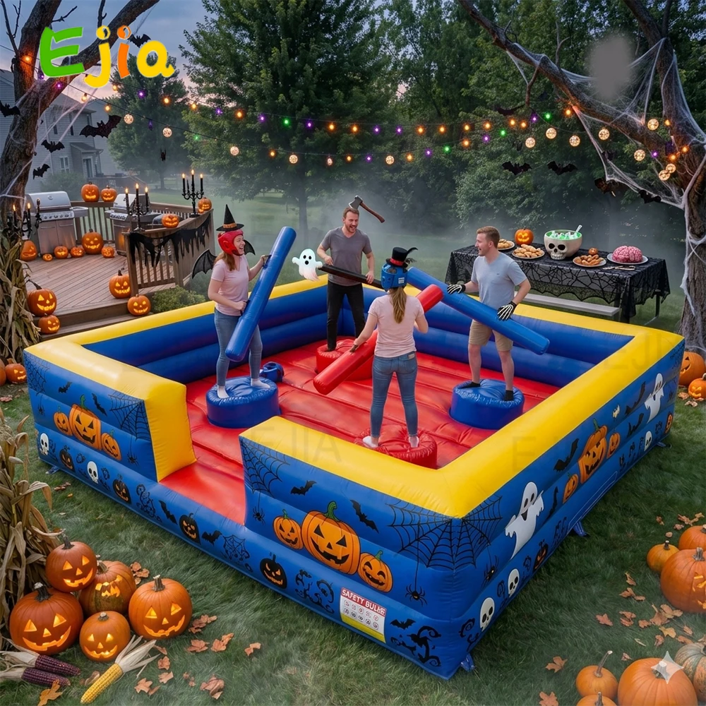 13x13ft Inflatable Jousting Arena for Halloween & Christmas Party, Heavy Duty PVC 4-Player Gladiator Joust Game, Holiday Inflatable Rental with 4 Sticks, Helmets, and Blower