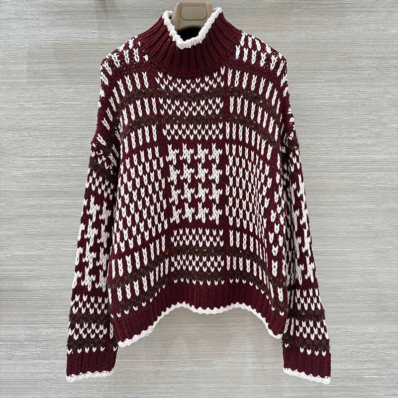 

High Quality Women Fashion Casual sweater Half Turtleneck Sequined Houndstooth Pullover For Autumn And Winter 2592523
