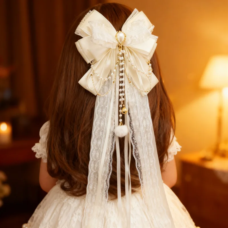 

Lolita Bow Hair Clip Women's Ribbon Tassel Hair Accessories Hanfu Ancient Style Headwear Pearl Braided Hair Side Clip