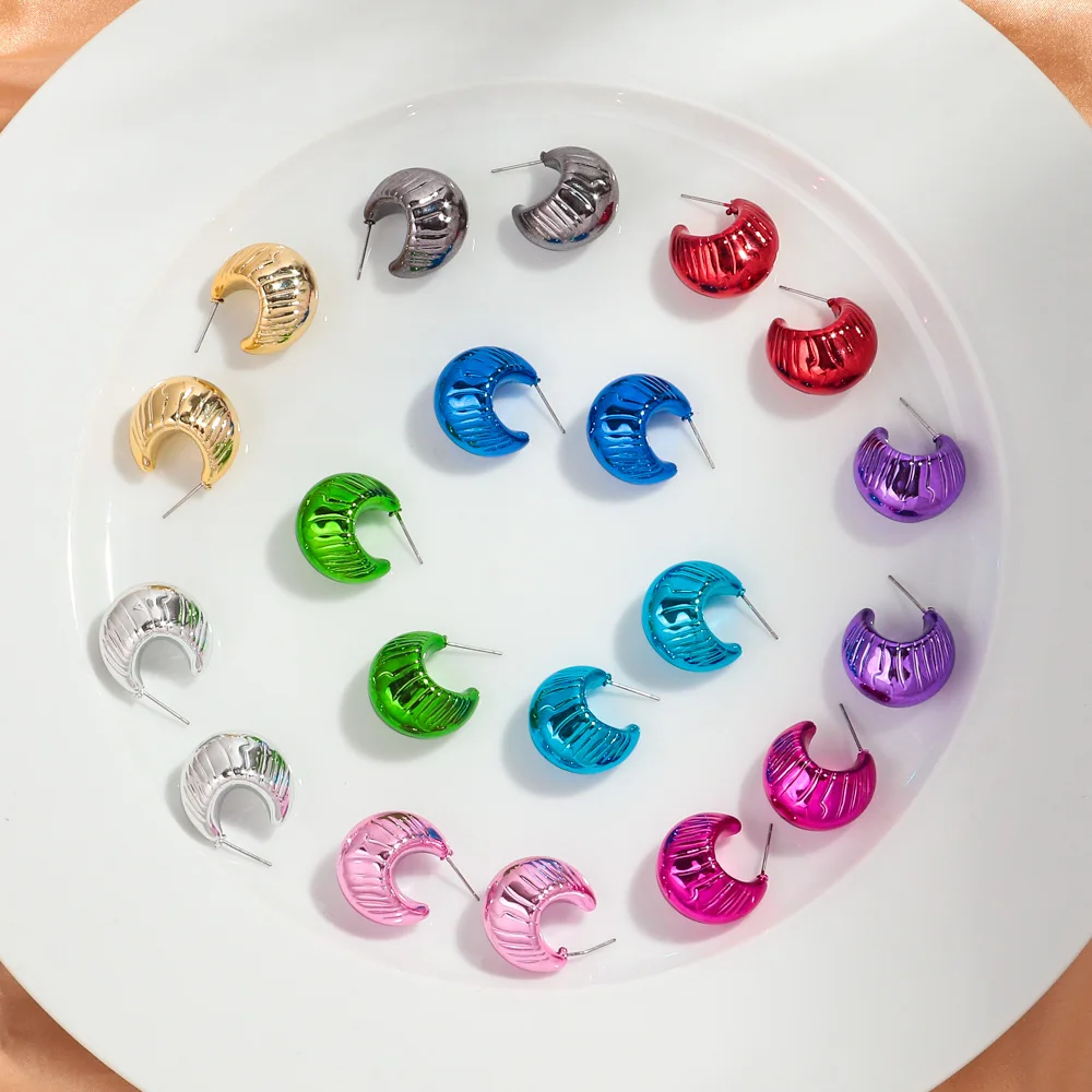 Trend Acrylic Metallic Colorful Chunky C-hoop Earrings for Women Simple Striped Surface Geometric Circle Earrings 2024 Jewelry