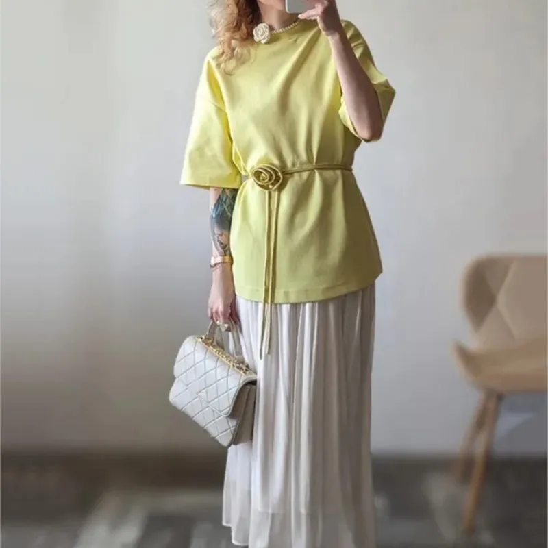 

Floral Casual T-shirt Women Summer 2025 New Solid Round Neck Lace-Up Loose Short Sleeve Bandage T-shirts Fashion Basic Tee Tops