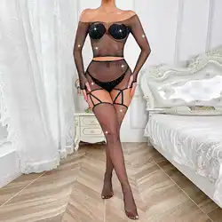 Amazon Foreign Trade New Sexy 2-piece Set Long Sleeve Net Clothes Hot Diamond Sexy Net Clothes