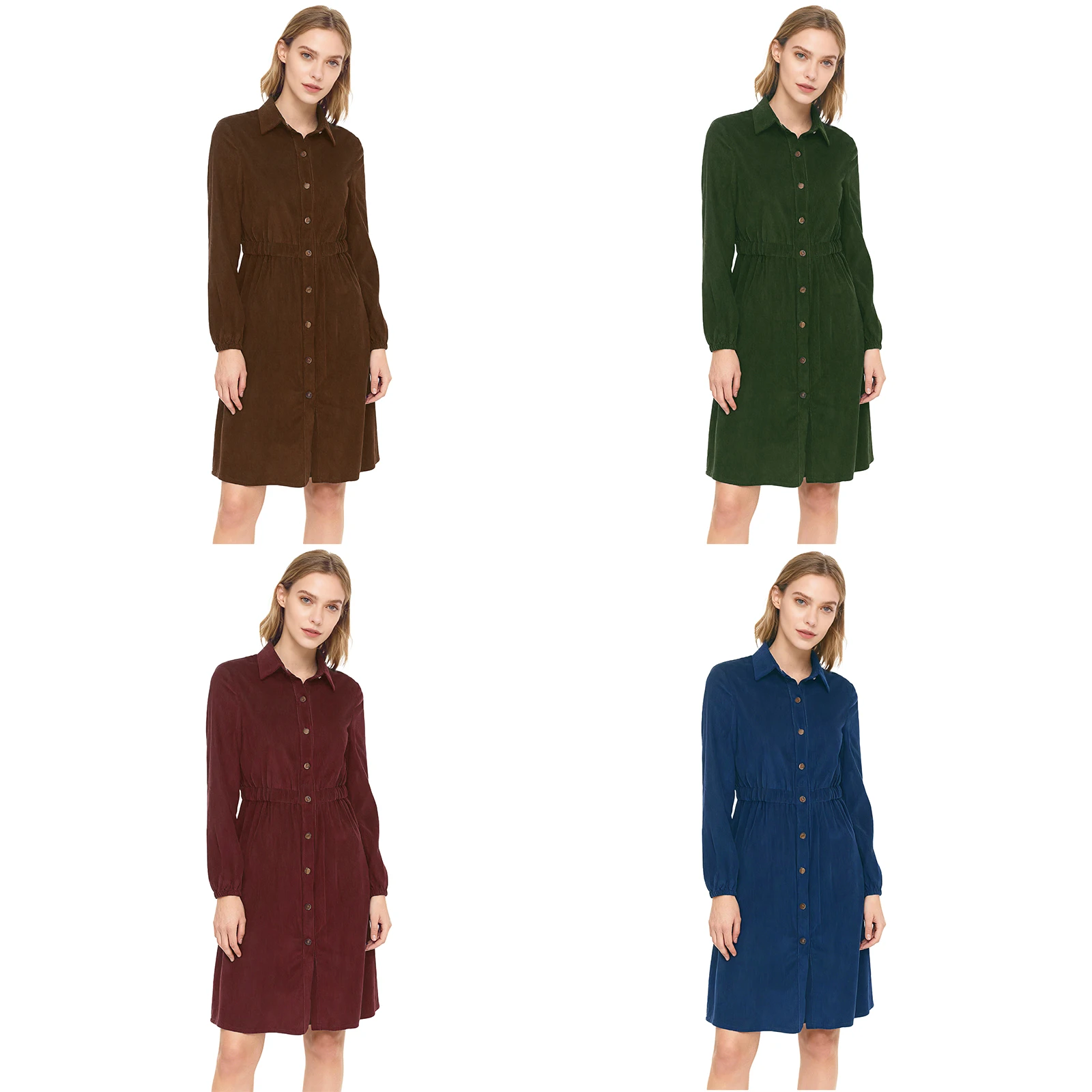 فستان نسائي قصير بقميص طية صدر السترة وأكمام طويلة وزر أمامي وخصر مطاطي بطول الركبة فستان للمكتب والعودة اليومي غير الرسمي