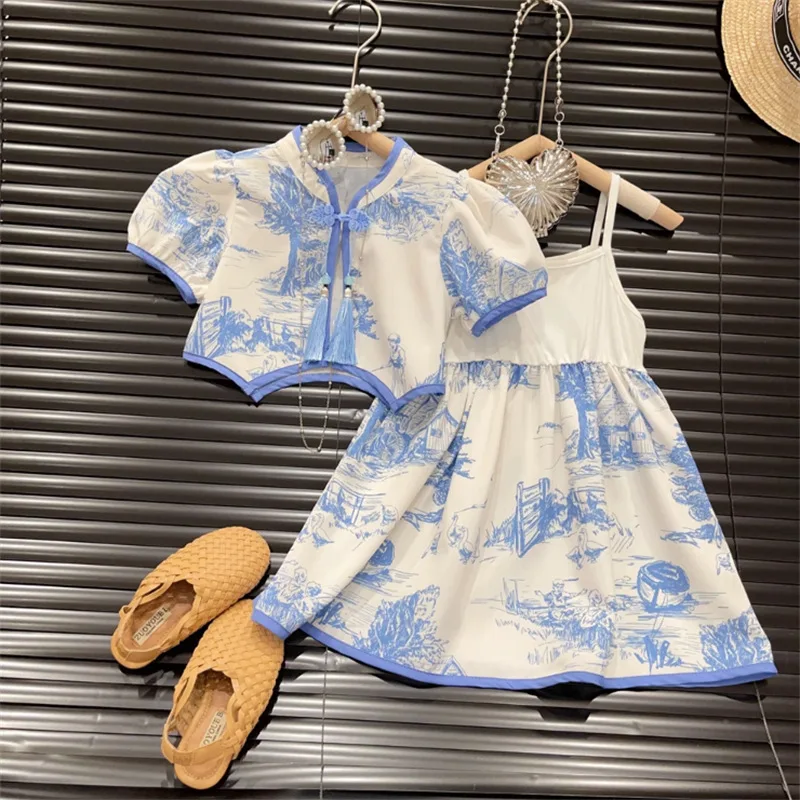 

Summer new style girls' Chinese-style cheongsam dress set, girls' dress set, two-piece camisole dress