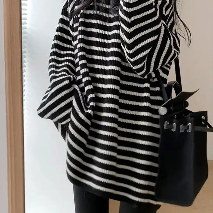 X2091 Autumn Winter Loose Large Size Soft Waxy Long Black White Striped Sweater For Women Pullovers Knitted Bottom Shirt Sweater