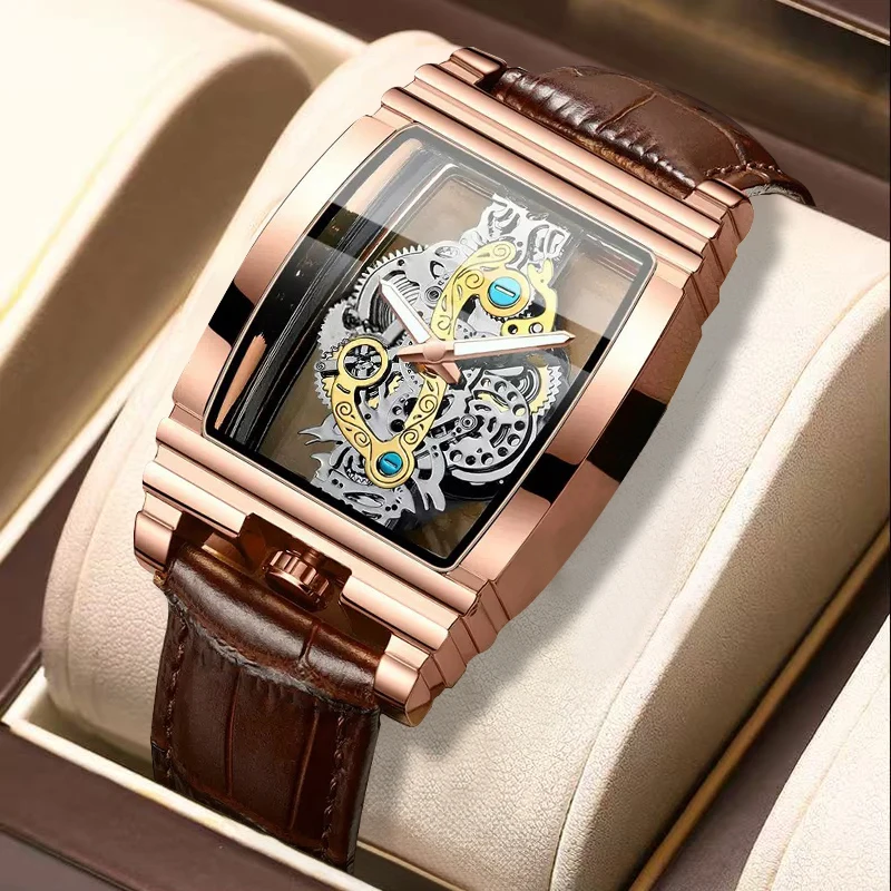 

Элегантные спортивные двусторонние кварцевые часы со скелетом и коричневым кожаным ремешком для мужчин