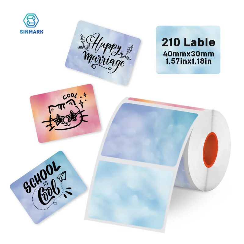 SINMARK 4 Colors Label Stickers with Sky Pattern 210 Pcs/Roll Self-Adhesive Paper for Thermal Printers Creative DIY Tag