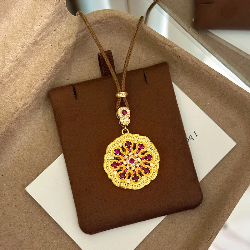 Luxury 9999 24K Real Gold Niche High-end New Chinese Style Hollow Out Eight Blessings Gourd Disc Pendant Sweater Chain for Women