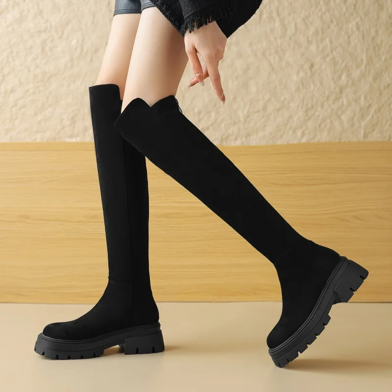 Botas elásticas espessadas de lã feminina, botas plataforma impermeáveis, zíper traseiro com veludo, manga alta, botas sobre o joelho, novo, inverno, 2023