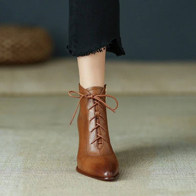 NEW Fall Shoes Women Pointed Toe Chunky Heel Shoes Women Retro Split Leather Modern Boots Concise Ankle Boots Women Brown Shoes