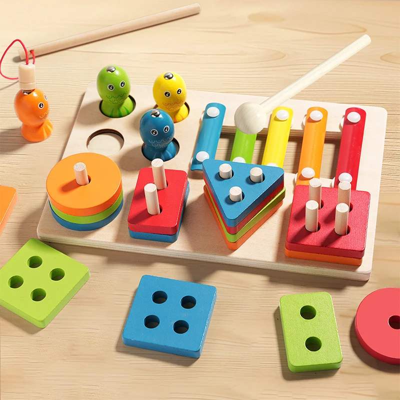 Montessori Toddler Color Sorting Toys 3-in-1 Wooden Shape Stacking Game Early Educational Colorful Learning Activity Blocks