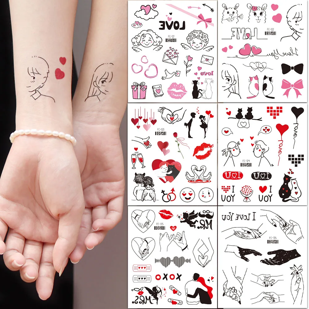 

1Pcs Valentine's Day Temporary Couple Tattoo Stickers, Holding Hands LOVE Red Lips Heart Pattern Waterproof Fake Tattoos