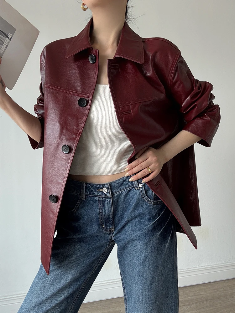 Vintage Genuine Leather Windbreaker Jackets Women Spring Autumn 2025 New High-end Simple Solid Soft Oil Wax Real Sheepskin Coat