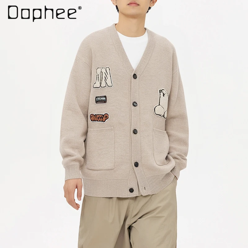 

Spring and Autumn Retro College Style V-Neck Apricot Cardigan Sweater Men's Loose Casual Versatile Gray Navy Blue Knitted Top