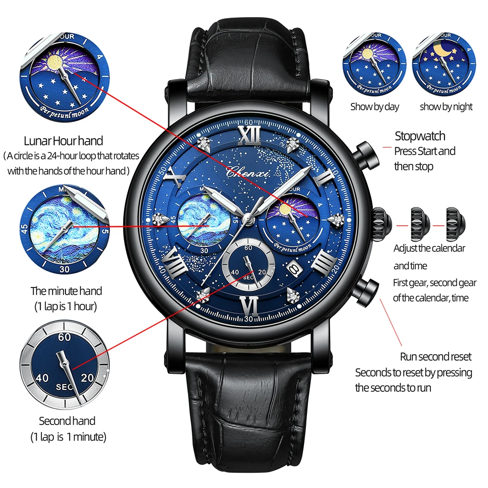 CHENXI Watches Luxury Men Leather Business Casual Quartz Wristwatch Male Luminous Moon Phase Chronograph Watch For Mens Gifts