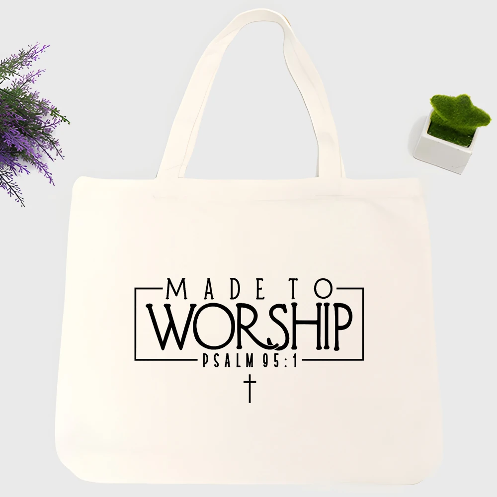 Christian-themed typography print canvas tote bag, perfect for church gatherings and daily worship activities