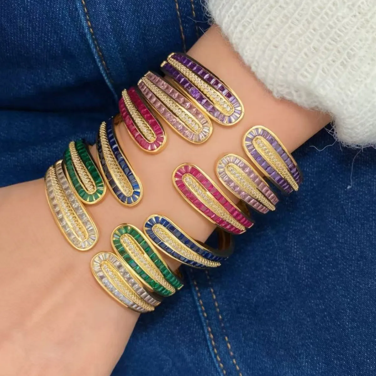 Classy Colorful Gemstone Micro-paved Zircon Spring Open Ring Bracelet Niche Style Design Easiest for Match Bracelet
