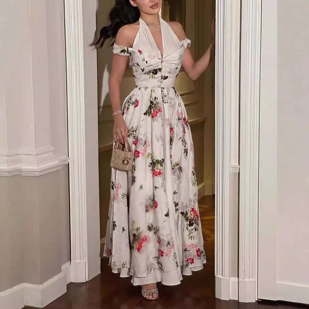 

2025 Spring/summer New Women's Chiffon Flower Printed Casual Dress Sexy Birthday 2025 Summer Dress Robe Vestido Women Party