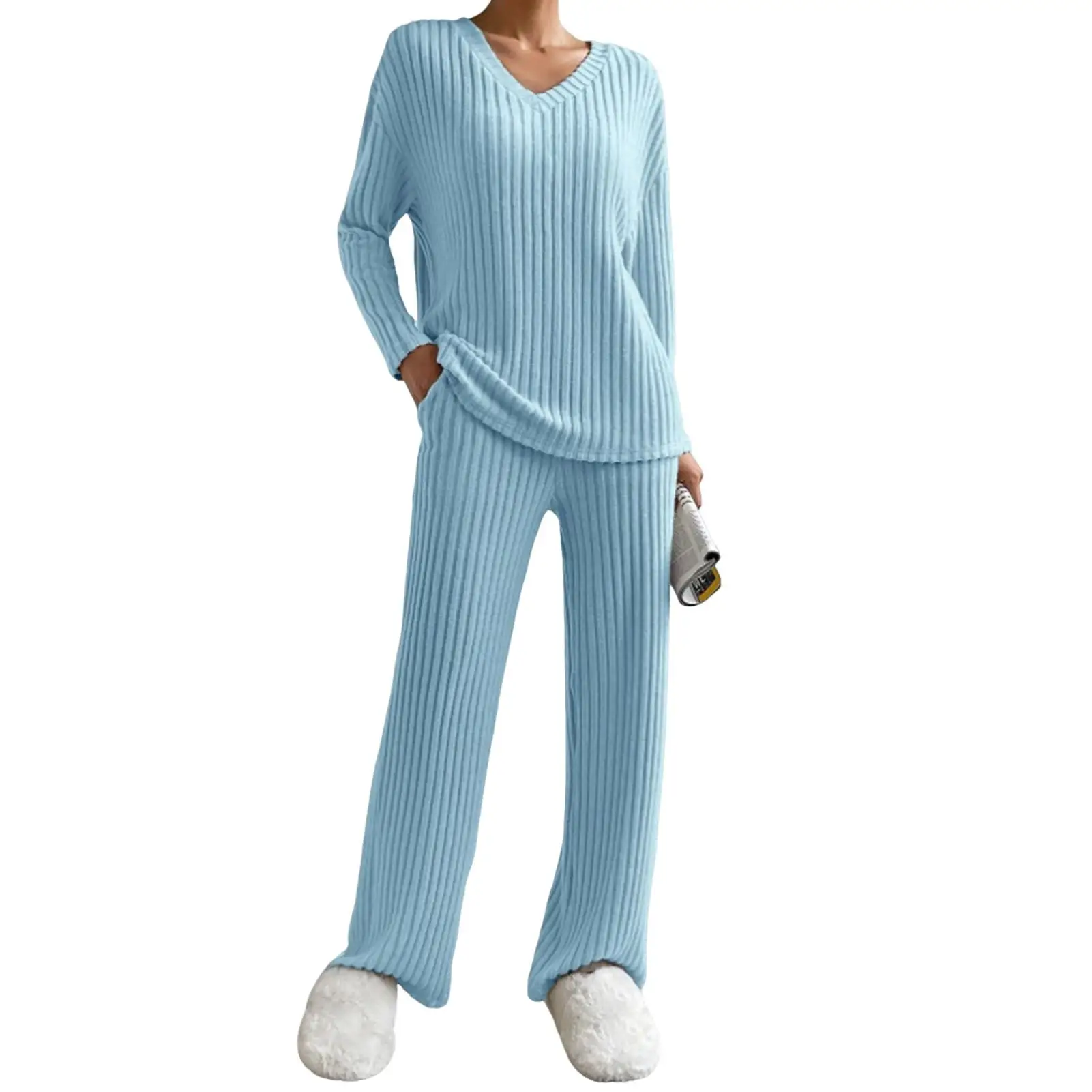 

Осенний женский однотонный трикотаж, повседневная домашняя одежда, тонкие топы, комплект из двух предметов с широкими брюками, женская одежда, зимний модный пригородный костюм