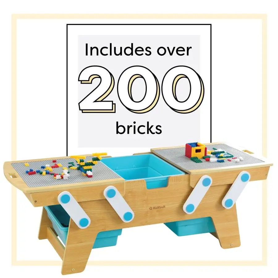Building Bricks Play N Store Wooden Table, Childrens Toy Storage with Bins, 200 Building Blocks Included, Natural, Gift for Ages