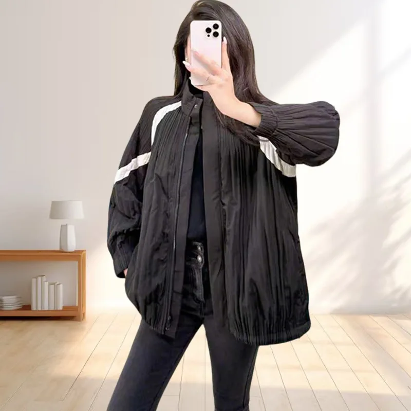 

Miyake Winter Korean Version Pleated Cotton Coat Jacket Hit Color Versatile Casual Commuting Loose Zipper Top Thickened Jacket