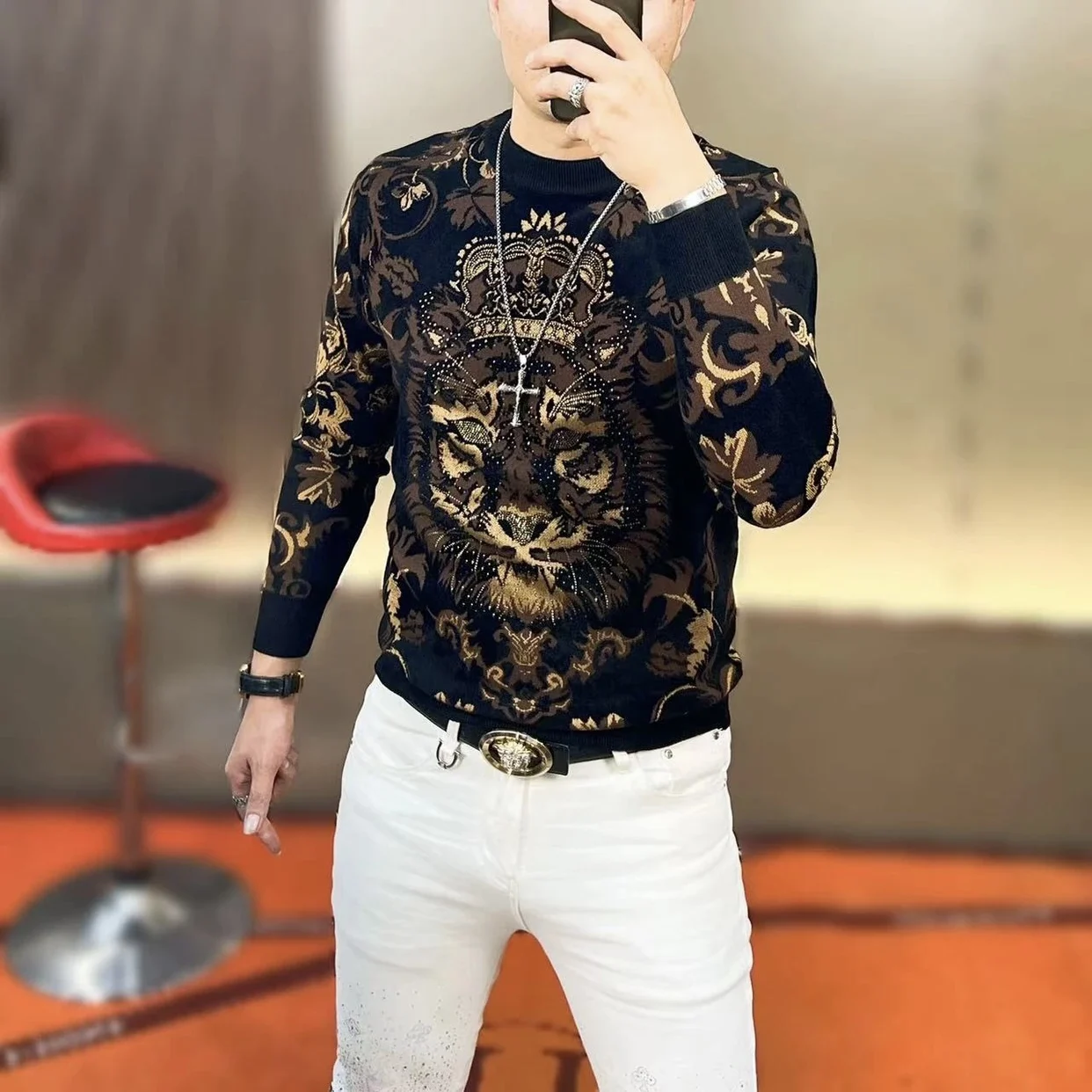 

Мужской свитер из вельвета с плотной вышивкой, приталенный, с круглым вырезом, модный, повседневный, из смесовой шерсти, с длинными рукавами, зимний топ