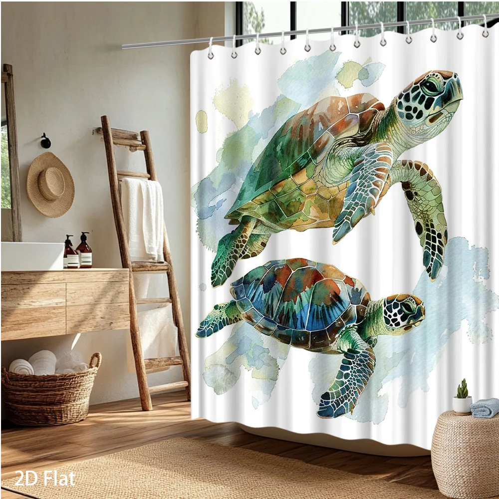 Watercolor Sea Turtle Shower Curtain – Ocean-Themed Art, Swimming Turtles on White Background, Polyester, Includes Hooks