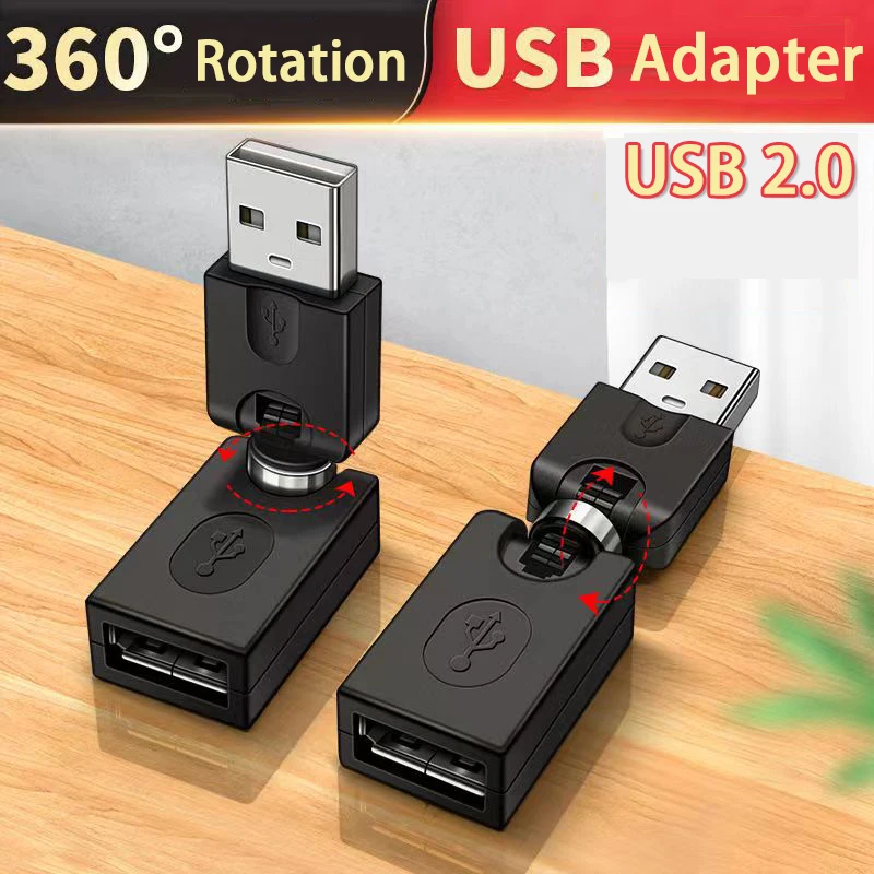 USB 2.0 Adapter Rotatable Type A Male to Type A Female Extension Connector 360 Degree Rotation Adjustable Right Angle Adapter