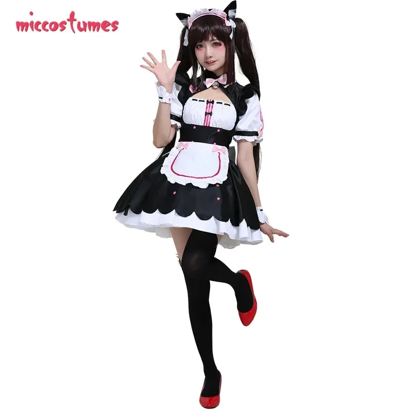 

Women's Nekopara Chocola Cosplay Costume Maid Dress with Apron Petticoat Cat Ears Tail